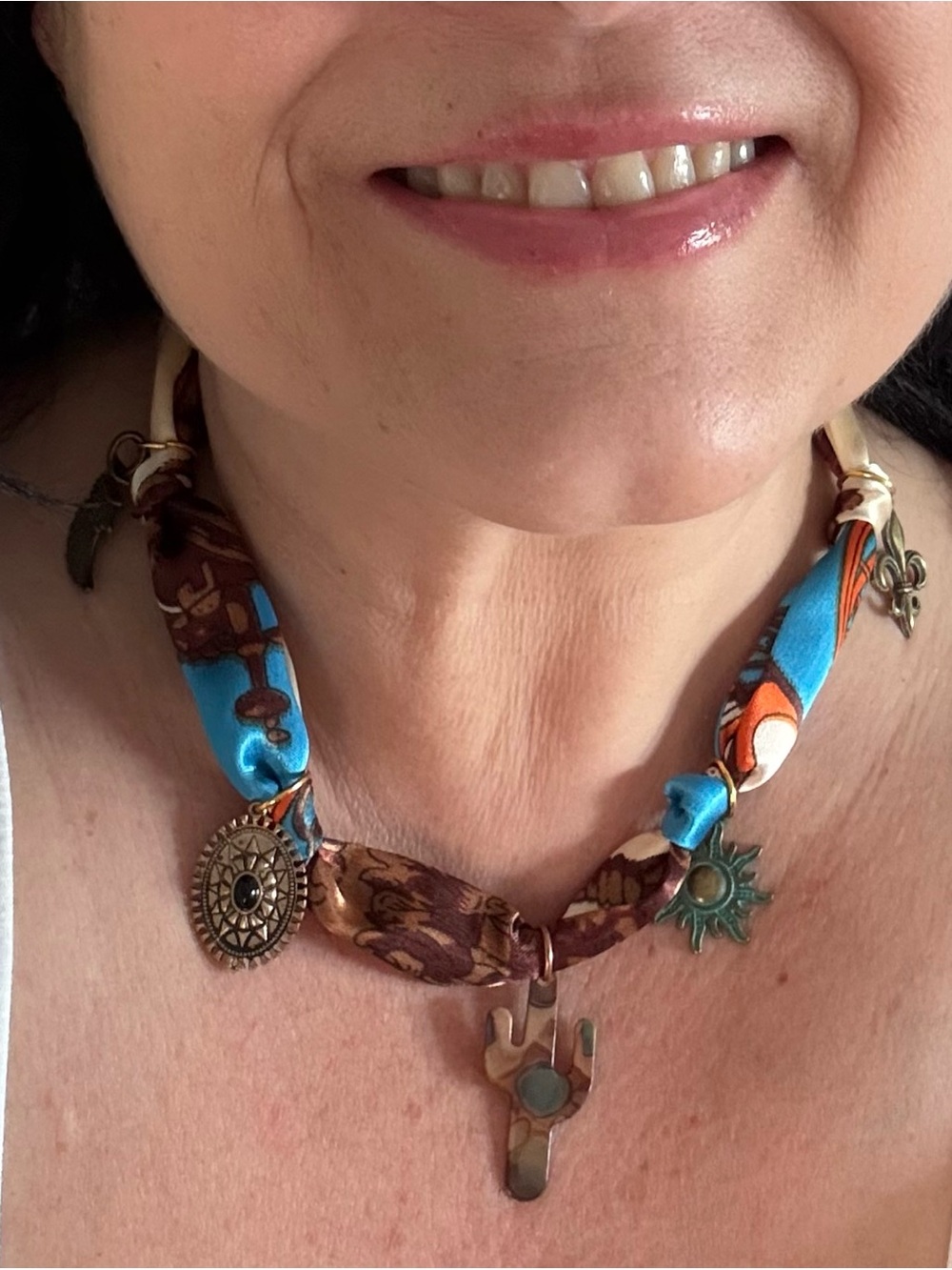 Cactus Cutie- Handmade Boho Silk twilly scarf charm necklace - Picture 2 of 8